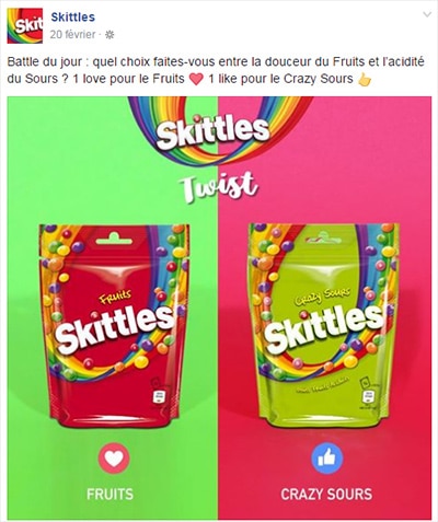 choix sur la page facebook skittles