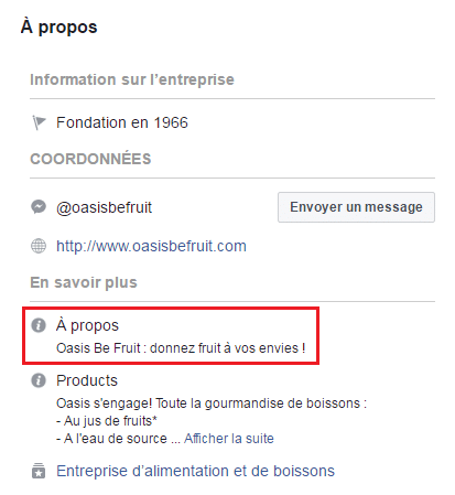 Bloc "à propos" sur la page Facebook Oasis