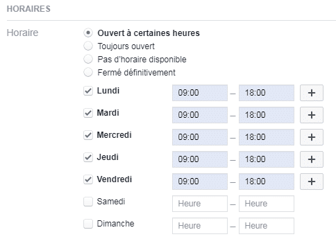 Bloc d'horaires sur une page Facebook