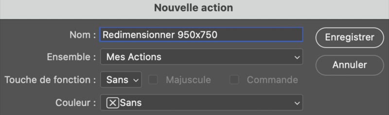 Boîte de dialogue "nouvelle action" pour créer un script Photoshop